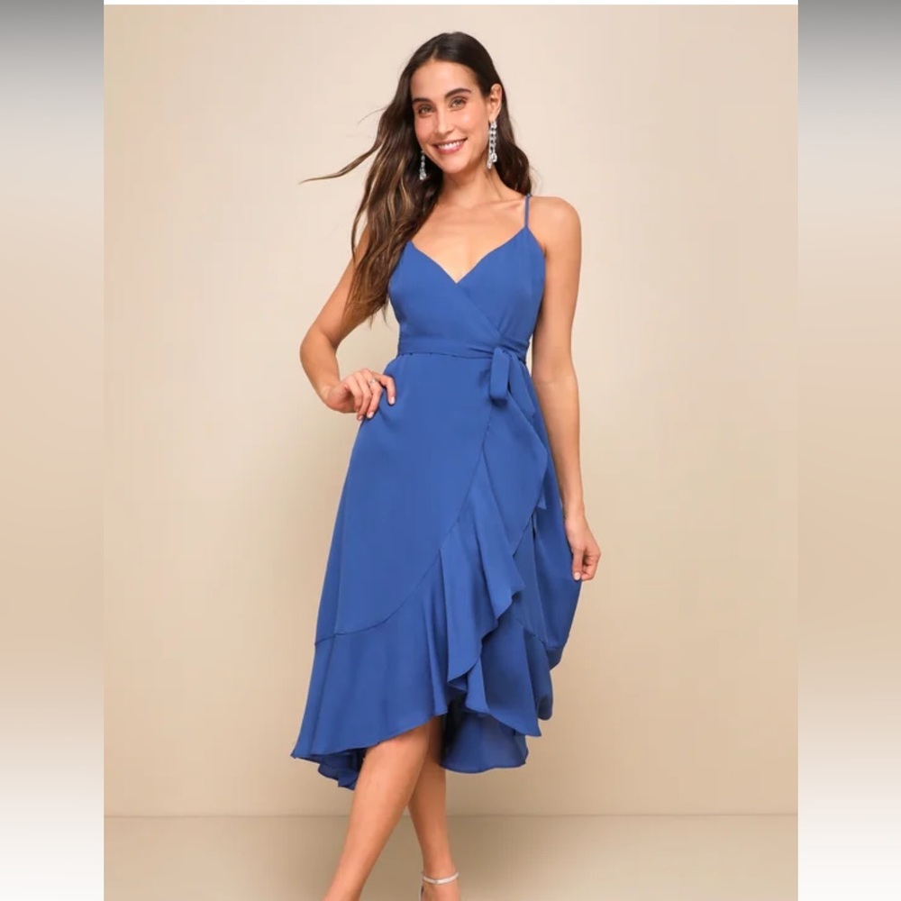 Lulus Manhattan Moment Blue Ruffled Midi Wrap Dress size small